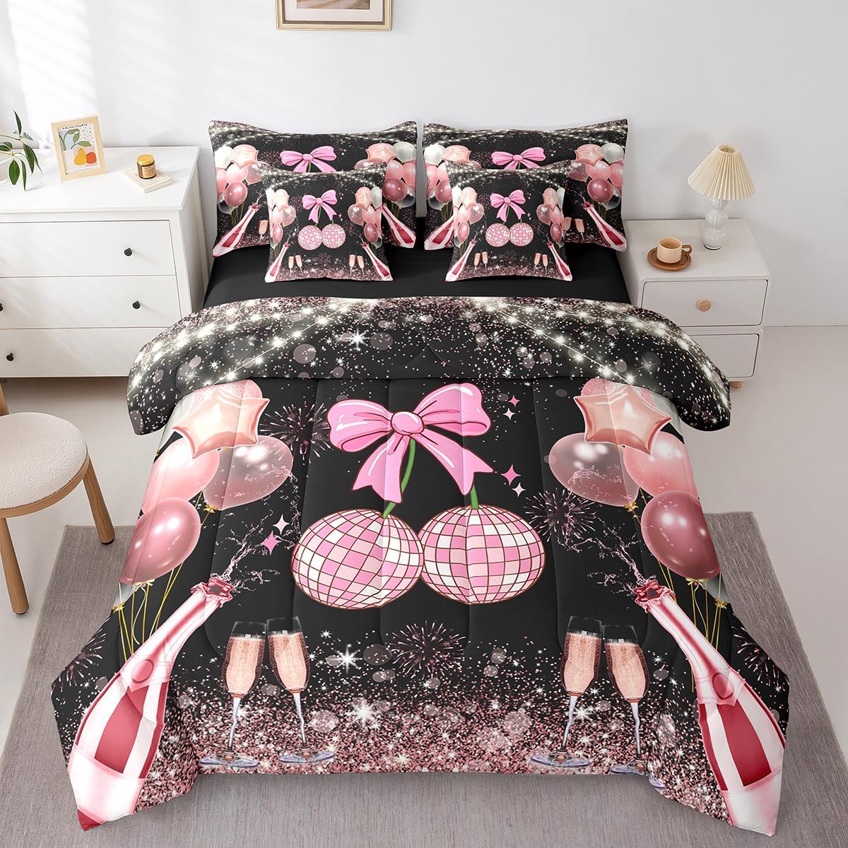 Erosebridal Kawaii Bowknot Girls Bed in A Bag with Sheets Dreamy Princess Style Twin Comforter Set 7 Piece for Kids Teen Women,Girly Cute Bow Bedding Set Pink Bow Tie Bed Set Bedroom Decor - Image 22