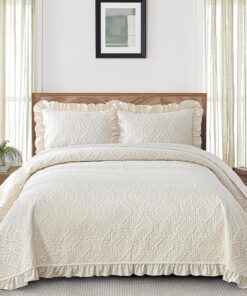 DJY Queen Quilt Bedding Set Size, Beige Ruffled Lightweight Soft Bedspreads Queen Size Coverlet, Basket Weave Quilted Blanket Thin Quilt Bed Cover for All Season - 3 Piece (1Quilt, 2 Pillow Shams)