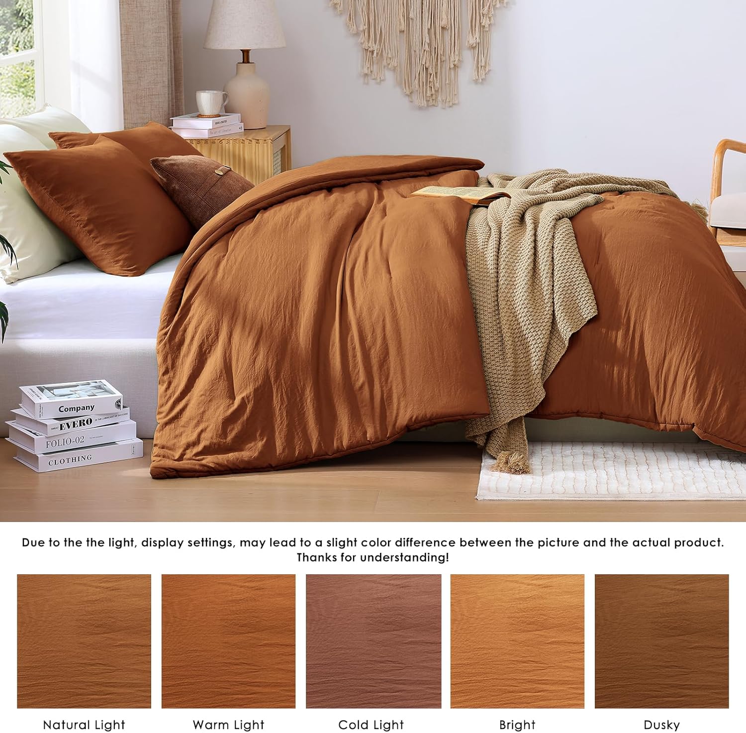 WRENSONGE King Size Comforter Set - 3 Pieces Prewashed Burnt Orange Soft Lightweight Bedding for All Seasons,Fluffy Down Alternative Comforter King Size with 2 Pillow Shams - Image 3