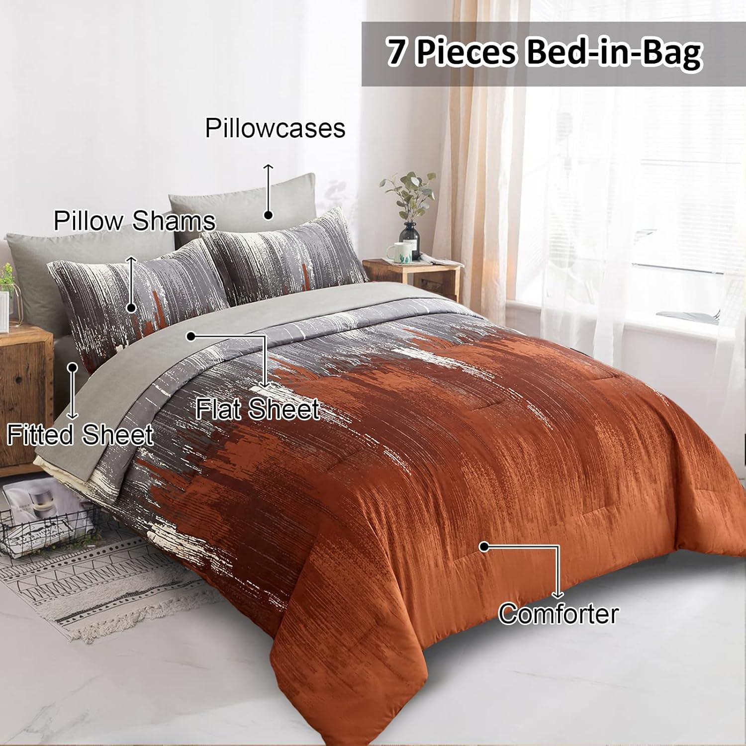 WONGS BEDDING Comforter Set King, Thanksgiving Burnt Orange 7 Pieces Bed in a Bag Abstract Gradient Soft Microfiber Fall Terracotta Bedding Set with Flat Sheet, Fitted Sheet, Pillow Shams, Pillowcases - Image 2