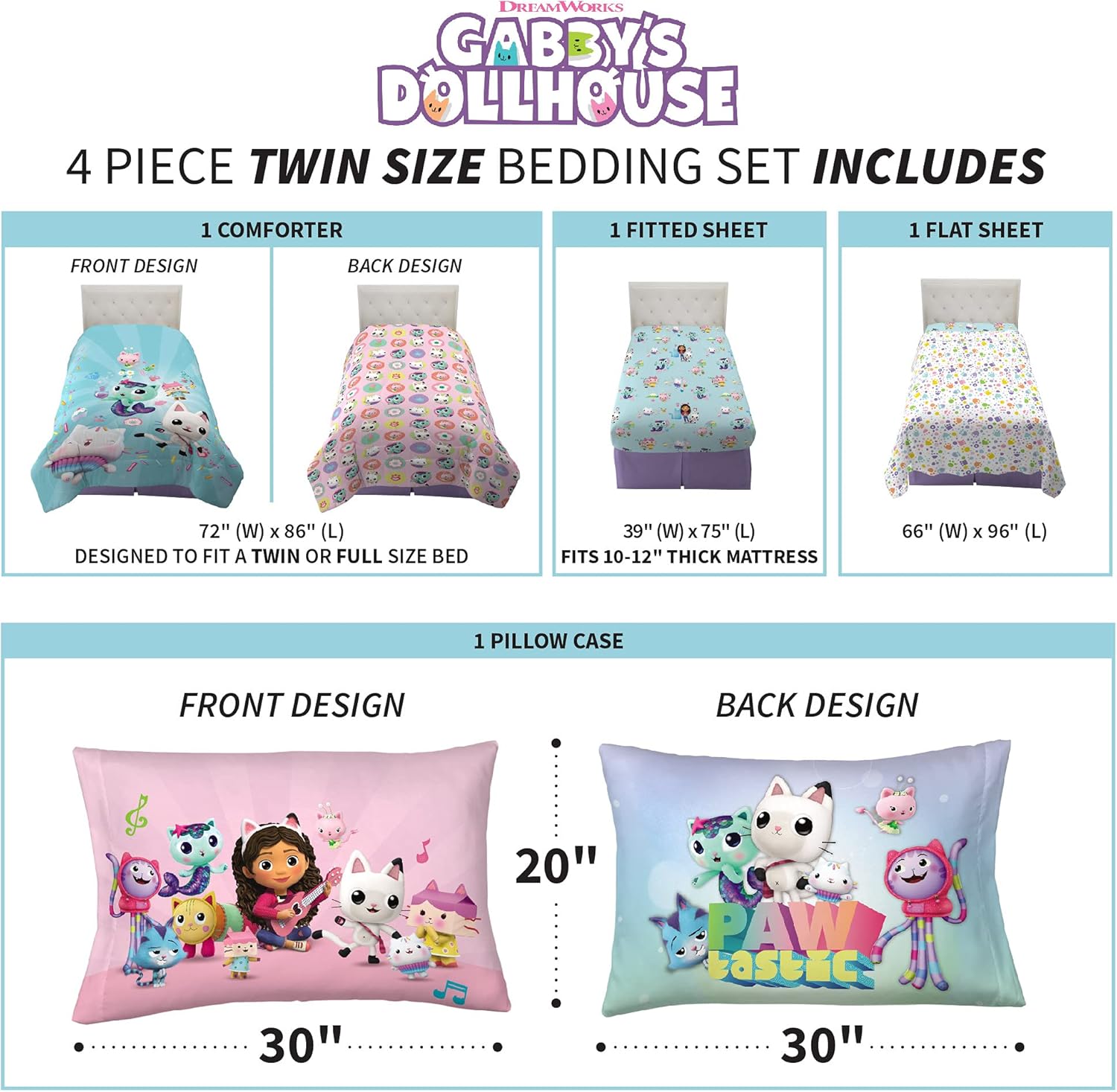 DreamWorks Gabby's Dollhouse Cakey, MerCat And Pandy Kids Bedding Super Soft Comforter And Sheet Set, 4 Piece Twin Size, By Franco - Image 4