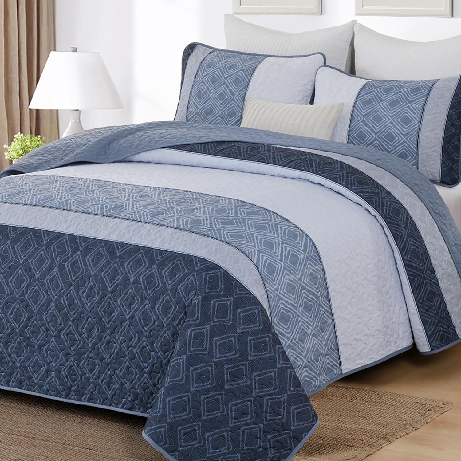 Cottolester Boho Quilt Set King Size 3 Pieces,Grey Striped Plaid Bedspread,Soft Microfiber Bedding Set with 2 Pillow Shams 110"x90" - Image 10