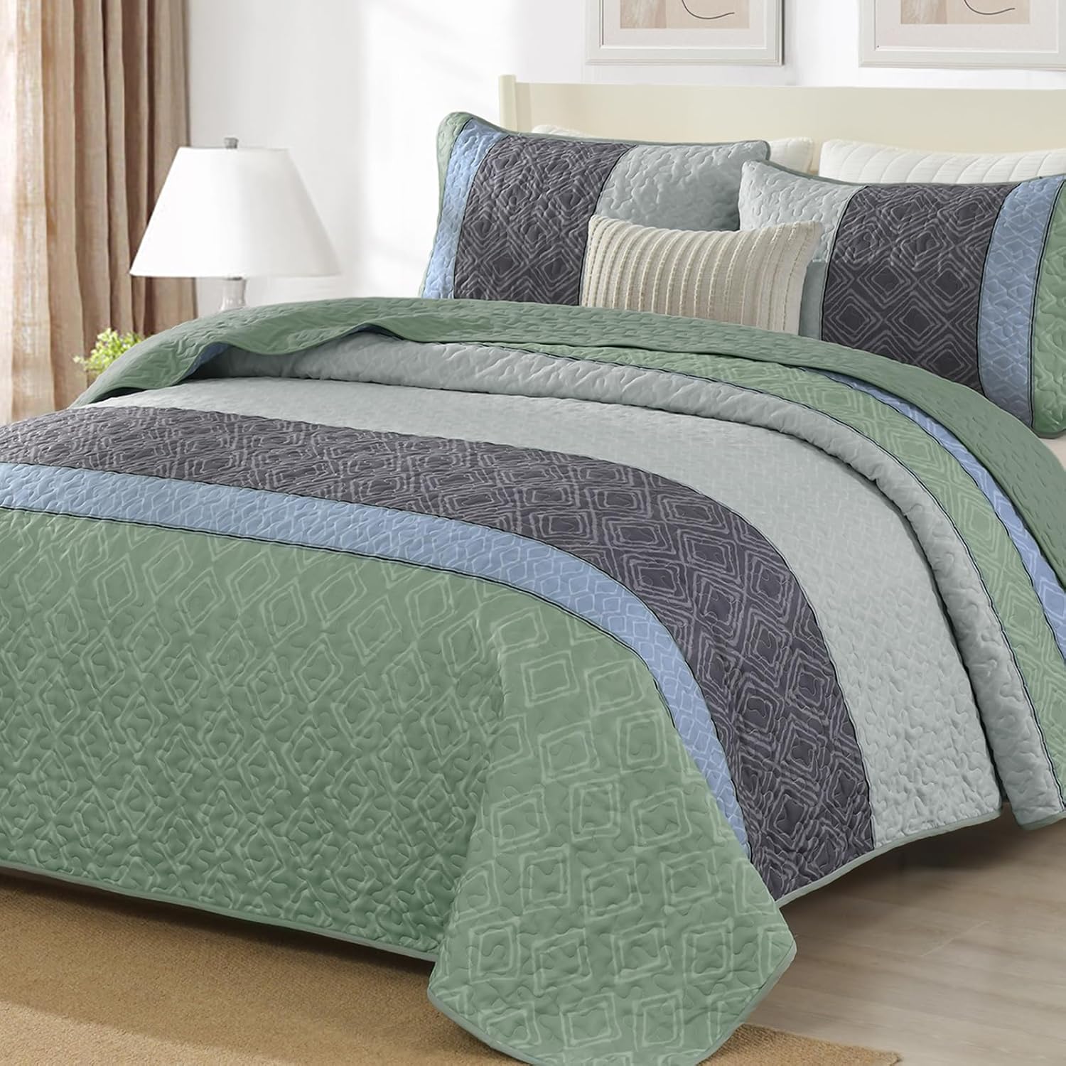 Cottolester Boho Quilt Set King Size 3 Pieces,Grey Striped Plaid Bedspread,Soft Microfiber Bedding Set with 2 Pillow Shams 110"x90" - Image 15