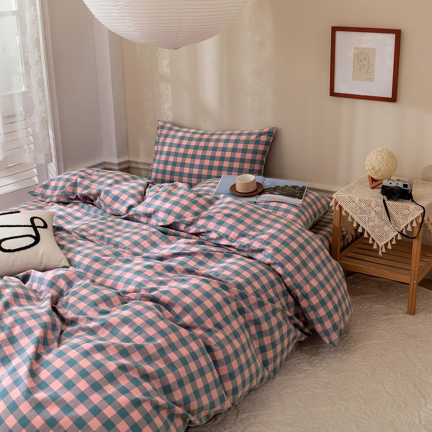 LifeTB Queen Comforter Set Tan Gingham Comforter Modern Style Beige Plaid Comforter Set 3 Pieces Fluffy Grid Checkered Comforter with 2 Pillowcases Boho Gingham Bedding Set Queen Size - Image 9