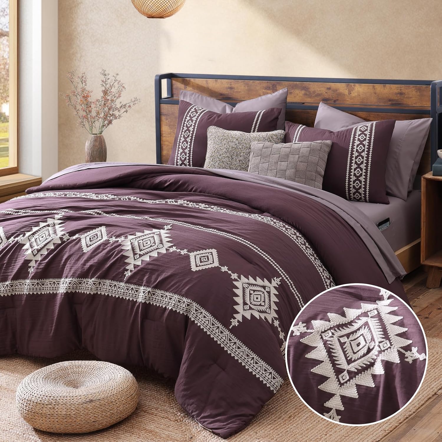 MaiRêve Burnt Orange Embroidery Comforters Set Queen Size - 7 Pieces, Farmhouse Western Bedding All Season, Bed in A Bag Queen Boho Comforter Set with Sheets, Pillowcases & Shams - Image 18