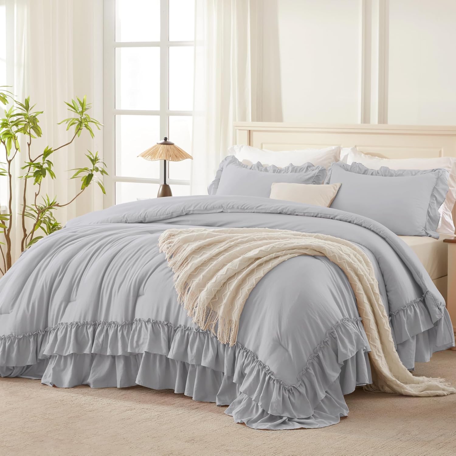 Andency White Ruffle Comforter Full Set, 3pcs Vintage Farmhouse Shabby Chic Bedding Comforter Set, Soft Lightweight Fluffy Bed Comforter Sets All Season Bedding Set - Image 18