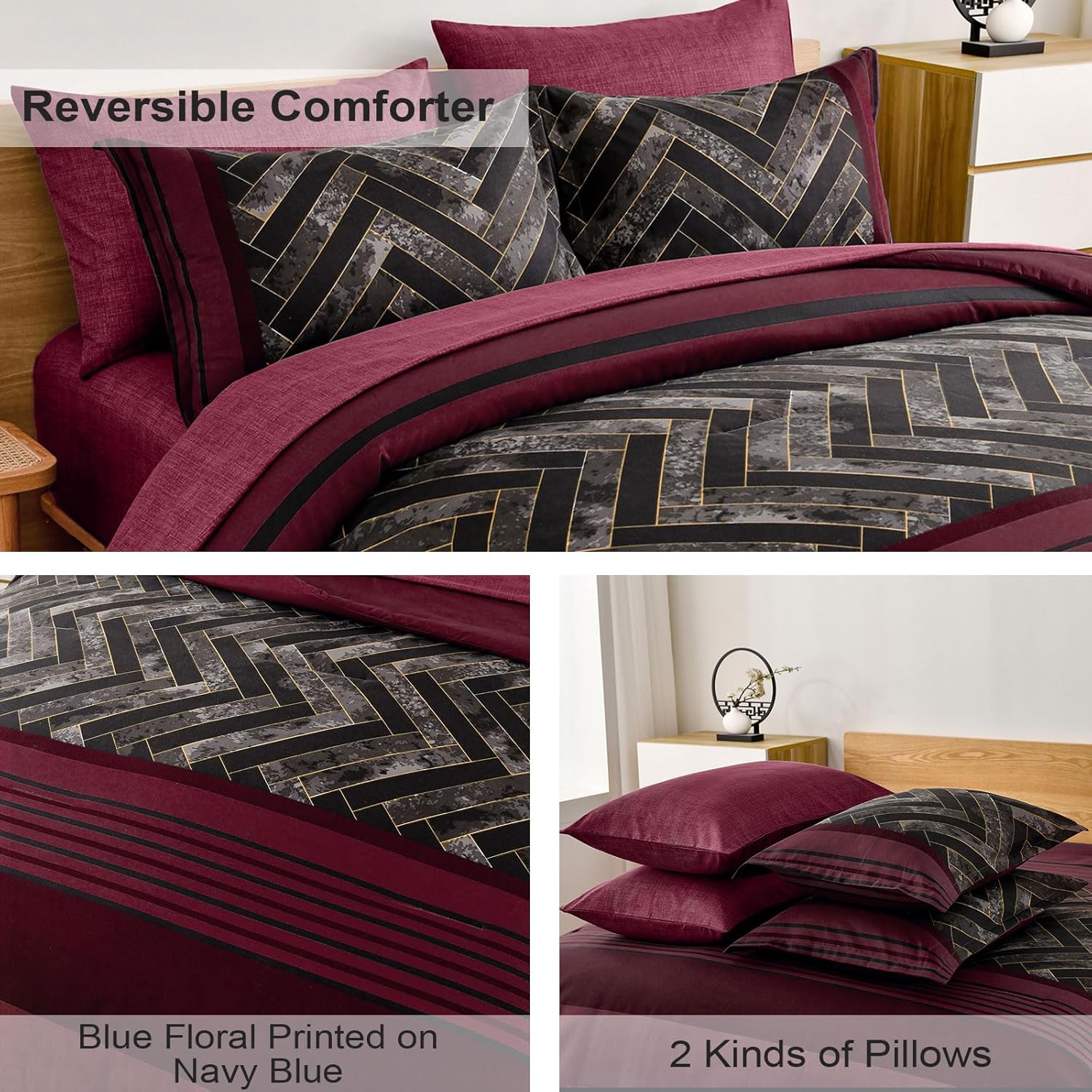 Luxudecor Burgundy Comforter Set King Size 7 Pieces Red and Black Stripe Bed in a Bag Geometric Comforter and Sheet Set, Soft Microfiber Complete Bedding Sets for All Seasons - Image 4