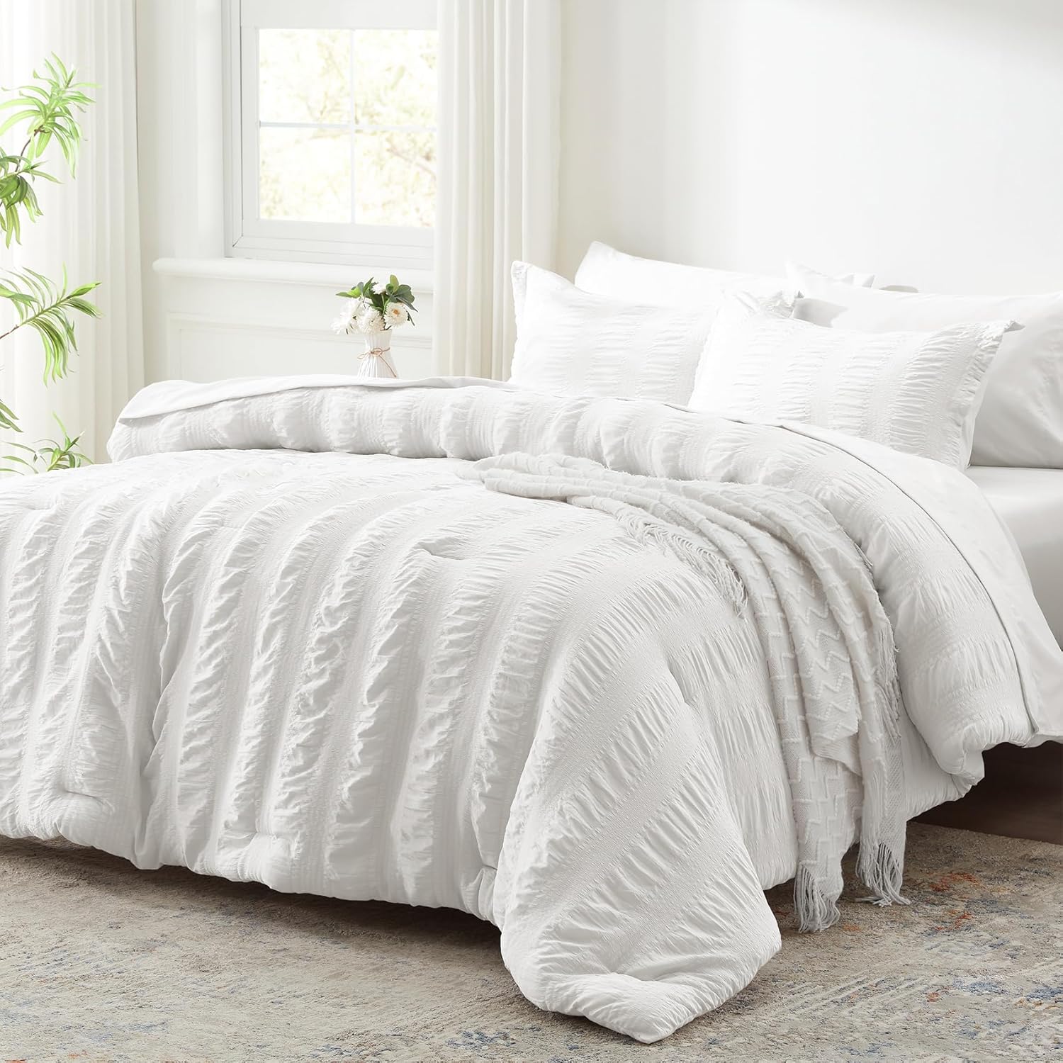 Zzlpp Queen Comforter Set 7 Pieces, Olive Green Seersucker Bed in a Bag with Comforter and Sheets, All Season Bedding Sets with 1 Comforter, 2 Pillow Shams, 2 Pillowcases, 1 Flat Sheet - Image 29