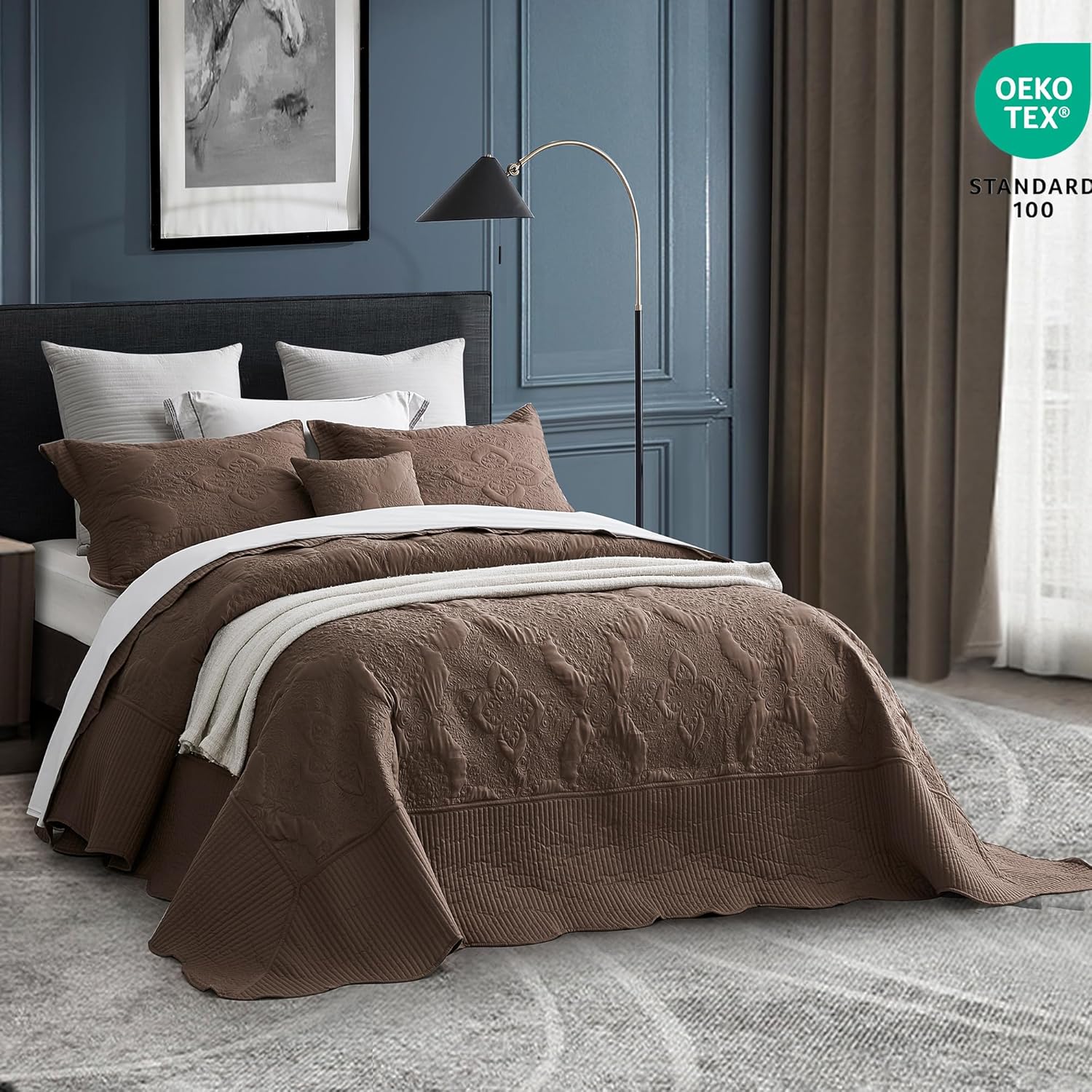 HZ & HY Oversized King Bedspread 128x120 Extra Wide, Quilted Coverlet Bedding Set, Lightweight Thin Comforter, Reversible, 5 Piece, 100% Microfiber, Mocha - Image 2
