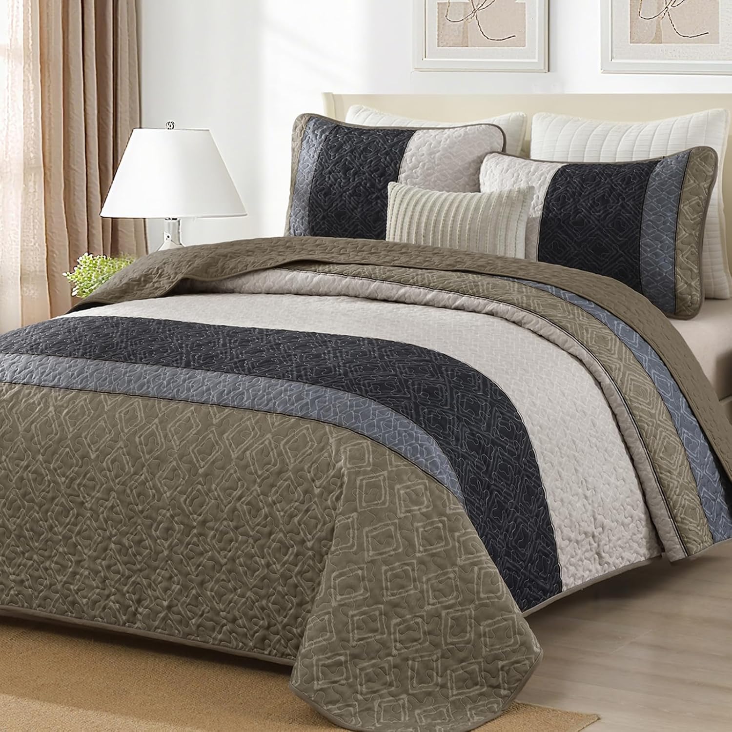 Cottolester Boho Quilt Set King Size 3 Pieces,Grey Striped Plaid Bedspread,Soft Microfiber Bedding Set with 2 Pillow Shams 110"x90" - Image 18