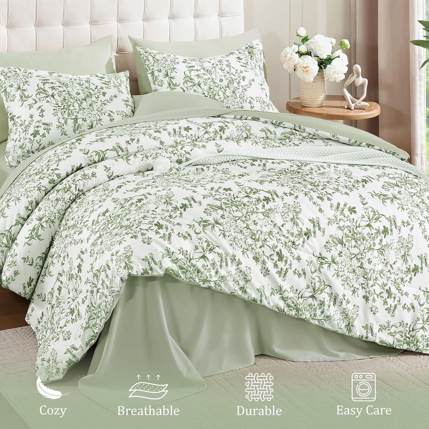 WONGS BEDDING 8 Pieces Queen Size Comforter Set Green, Sage Green Floral Bed in a Bag Comforter Sets, Soft Reversible Botanical Flowers Bedding Sets for All Season (90"x90") - Image 4