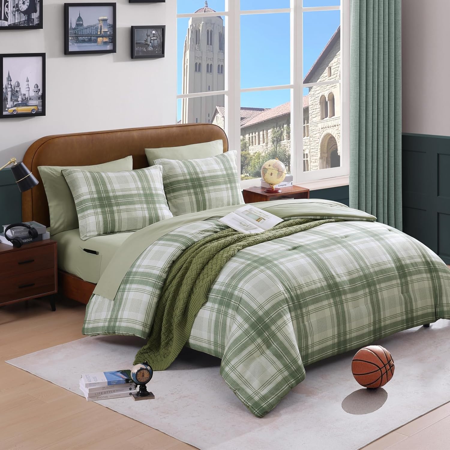 Full Size Comforter Sets, Khaki Green Plaid Bedding Set 7 Piece for Boys Girls Teen, Classic Homestead-Style Kids Comforter Set Bed in A Bag with Sheets, Pillowcases & Shams - Image 10