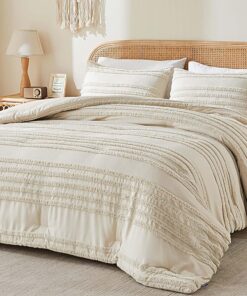 BEDELITE Boho Comforter Set Queen Size, Beige Tufted Striped Bed Set 3 Pieces, Soft Vintage Farmhouse Comforter for All Seasons, Boho Home Decor,Fluffy Jacquard Bedding with 2 Pillow Shams