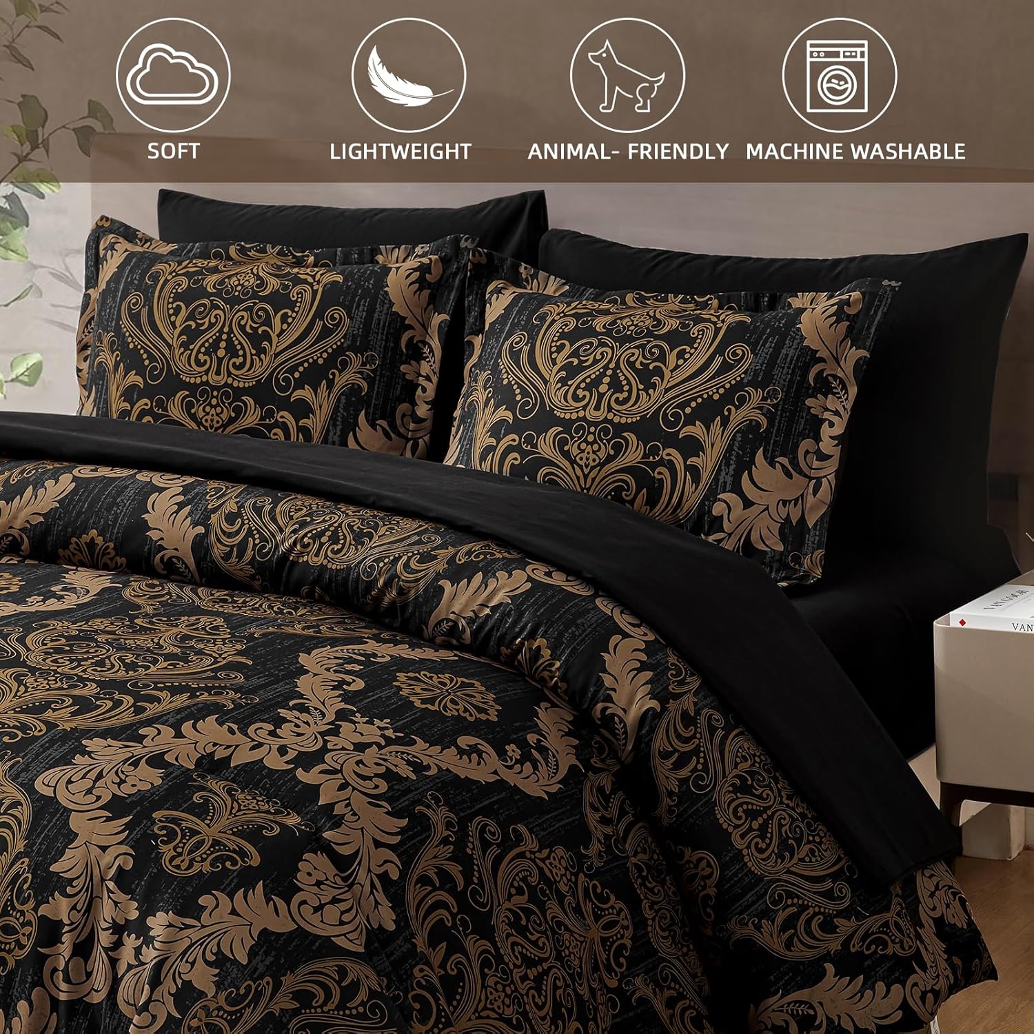 WONGS BEDDING Black Comforter Set Queen Size, Gold Damask Texture 7 Pieces Bed in a Bag Microfiber Comforter Bedding Sets -1 Comforter, 1 Flat Sheet, 1 Fitted Sheet, 2 Pillow Shams, 2 Pillowcases - Image 5