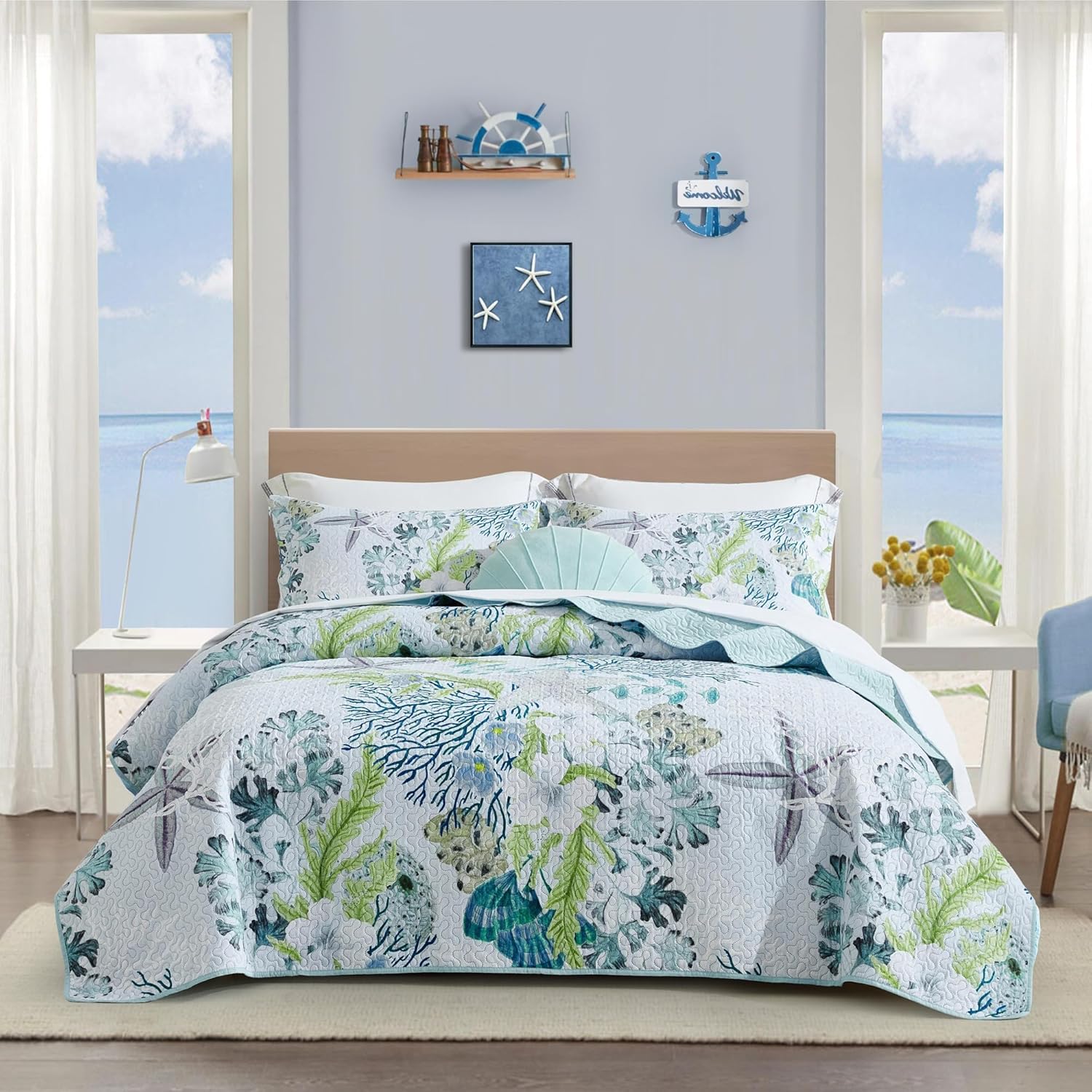 Tritard 3 Piece Coastal Quilt Sets Full/Queen Size - Reversible Microfiber Quilts with 2 Shams Soft Lightweight Beach Bedding Nautical Bedspread Coverlet Summer Comforter for All Season, 90''x96'', C1 - Image 14