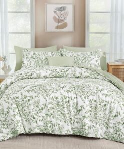 WONGS BEDDING 8 Pieces Queen Size Comforter Set Green, Sage Green Floral Bed in a Bag Comforter Sets, Soft Reversible Botanical Flowers Bedding Sets for All Season (90"x90")