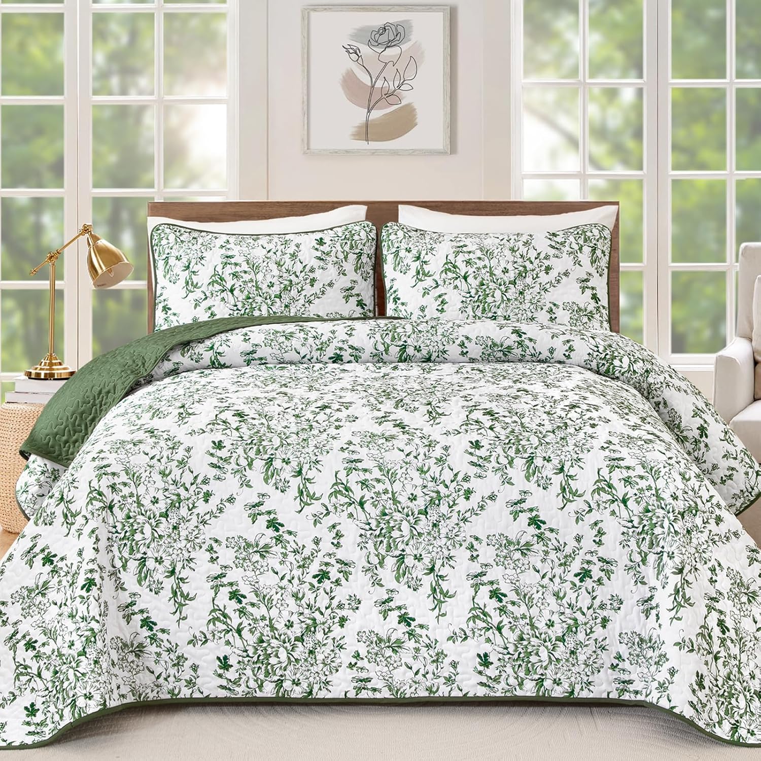 WONGS BDEEING Quilt Queen Size, Sage Green Quilt Bedding Set with 2 Pillowcases, Botanical Quilt for Queen Bed, Soft Microfiber Lightweight Coverlet Bedspread for All Season (96"×90", 3 Pieces) - Image 9