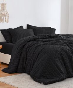 Love's cabin Seersucker Black 7 Pieces Comforter Set Full, All Season Lightweight Bedding Set, Full Bed in a Bag Comforter Set with Comforter, Flat Sheet, Fitted Sheet, Pillowcase and Pillow Sham