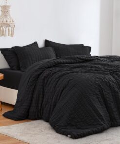 Love's cabin Seersucker Black 7 Pieces Comforter Set Full, All Season Lightweight Bedding Set, Full Bed in a Bag Comforter Set with Comforter, Flat Sheet, Fitted Sheet, Pillowcase and Pillow Sham