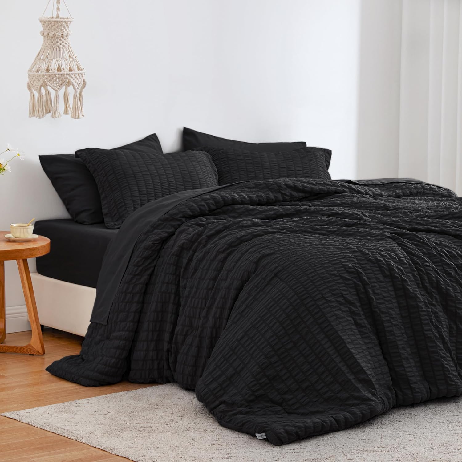 Love's cabin Seersucker Black 7 Pieces Comforter Set Full, All Season Lightweight Bedding Set, Full Bed in a Bag Comforter Set with Comforter, Flat Sheet, Fitted Sheet, Pillowcase and Pillow Sham