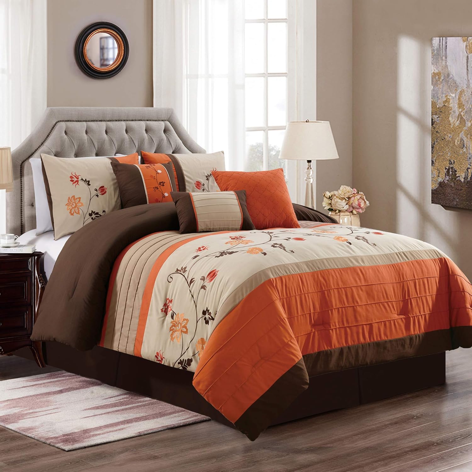 Chezmoi Collection Serene 7-Piece Luxury Autumn Floral Embroidery Comforter Set, Queen, Orange/Brown/Taupe