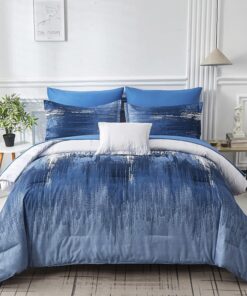 Ombre Blue Comforter Set King Size Reversible Gradient Blue Grey Boho Bedding Set for Men Women 8 Pieces Bed in A Bag Bohemian Bed Set With Comforter, Sheets, Pillowcases & Shams, Cushion Cover
