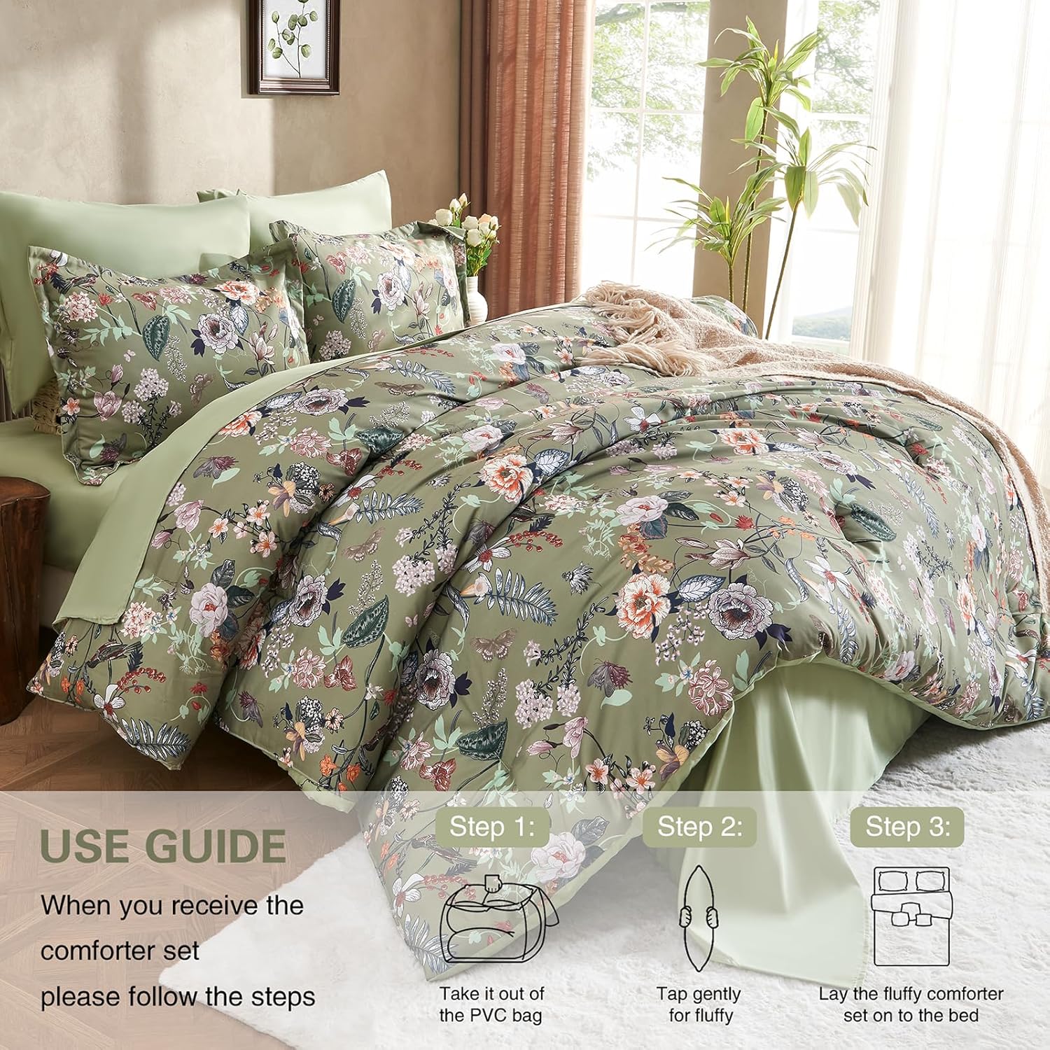 7 Piece Queen Comforter Set, Sage Green Butterfly Floral Comforter Set with Flowers Leaves Pattern, Soft Microfiber Complete Bedding Set for All Season(Sage Green, Queen) - Image 3