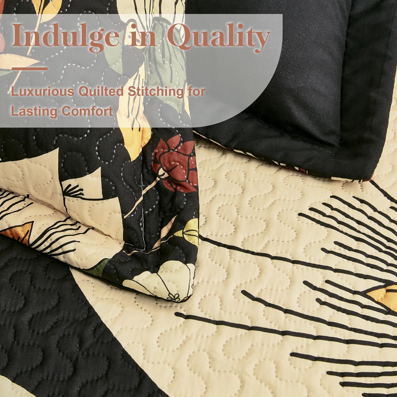 3 Piece Black Boho Floral Full/Queen Quilt Sets Reversible Farmhouse Botanical Lightweight Bedspread Coverlet with 2 Shams Mid Century Microfiber Fall Bedding Quilts Set for All Season,90''x96'' - Image 4