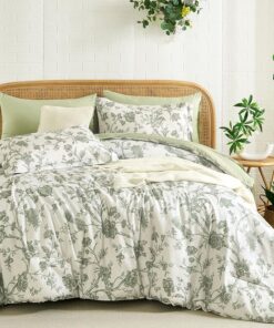 Luxudecor Floral Queen Comforter Set 7 Pieces Bed in a Bag, Sage Green Flower with Bird Bedding Set, Soft Reversible Comforter with Sheet Set 90"x90"