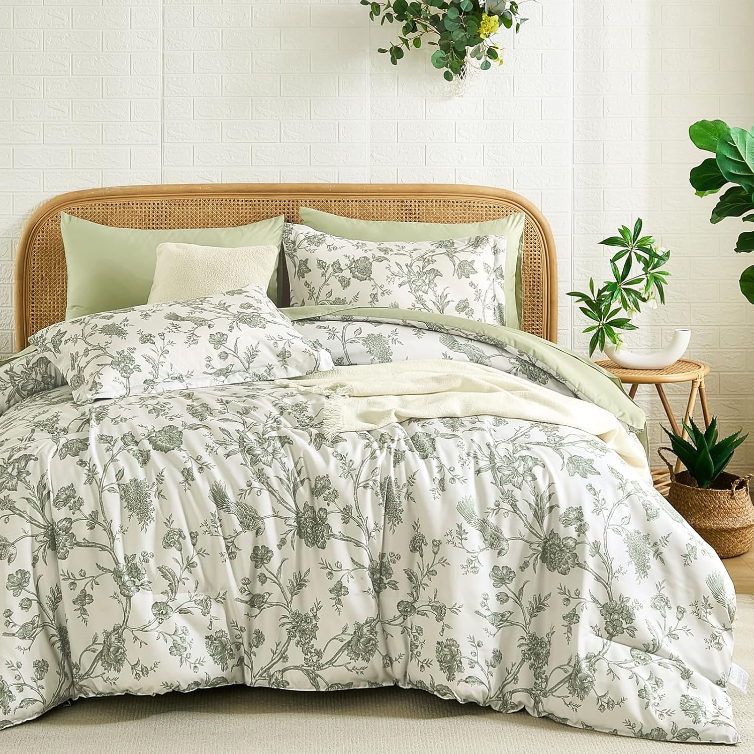 Luxudecor Floral Queen Comforter Set 7 Pieces Bed in a Bag, Sage Green Flower with Bird Bedding Set, Soft Reversible Comforter with Sheet Set 90"x90"