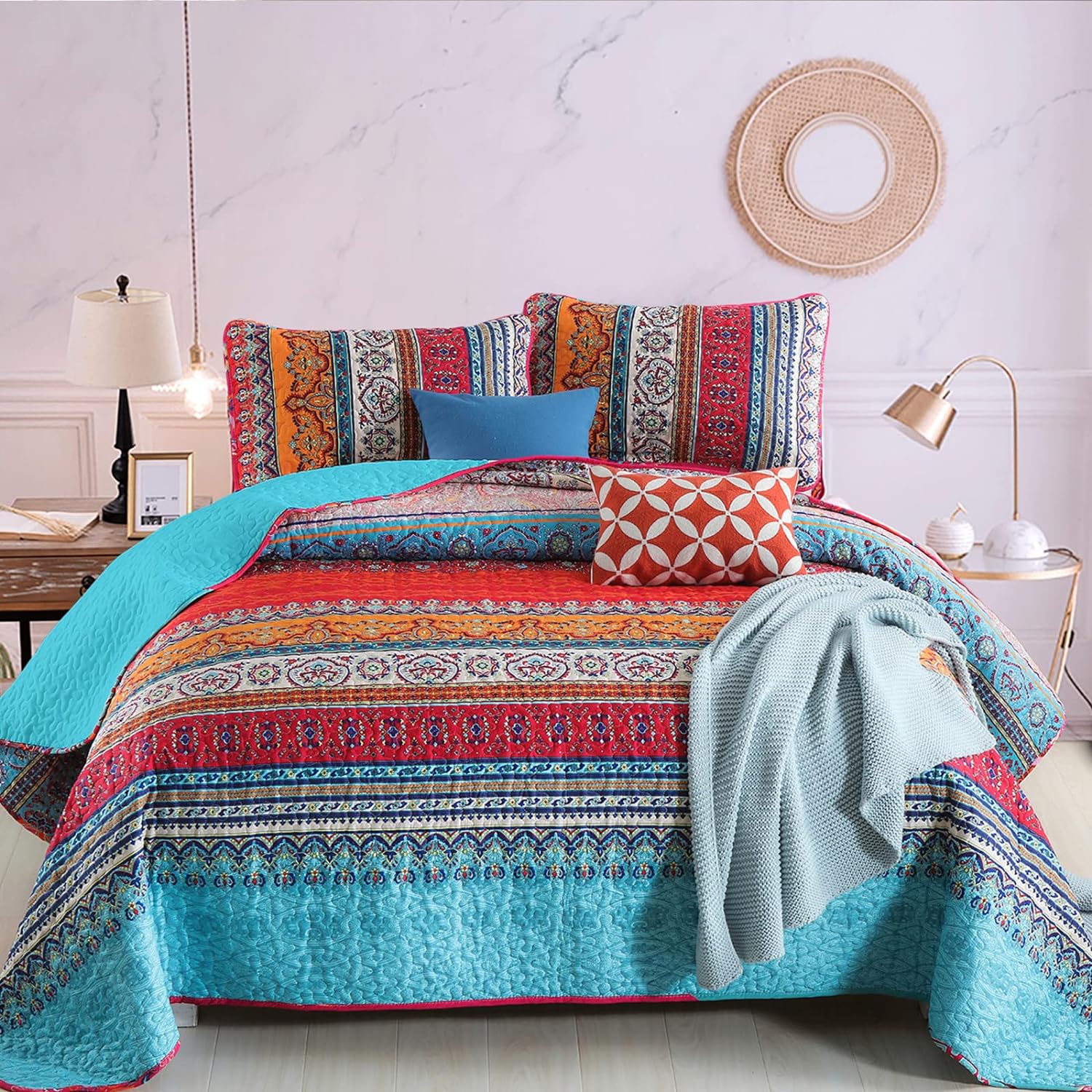 WONGS BEDDING Bohemian Quilt Set King Size, Boho Striped Printed Bedding Bedspread Coverlet Set for All Season, Lightweight Microfiber Quilts with 2 Pillowcases 104"x90" (3 Pieces, Colorful) - Image 17