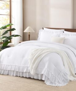 Andency White Ruffle Comforter Full Set, 3pcs Vintage Farmhouse Shabby Chic Bedding Comforter Set, Soft Lightweight Fluffy Bed Comforter Sets All Season Bedding Set