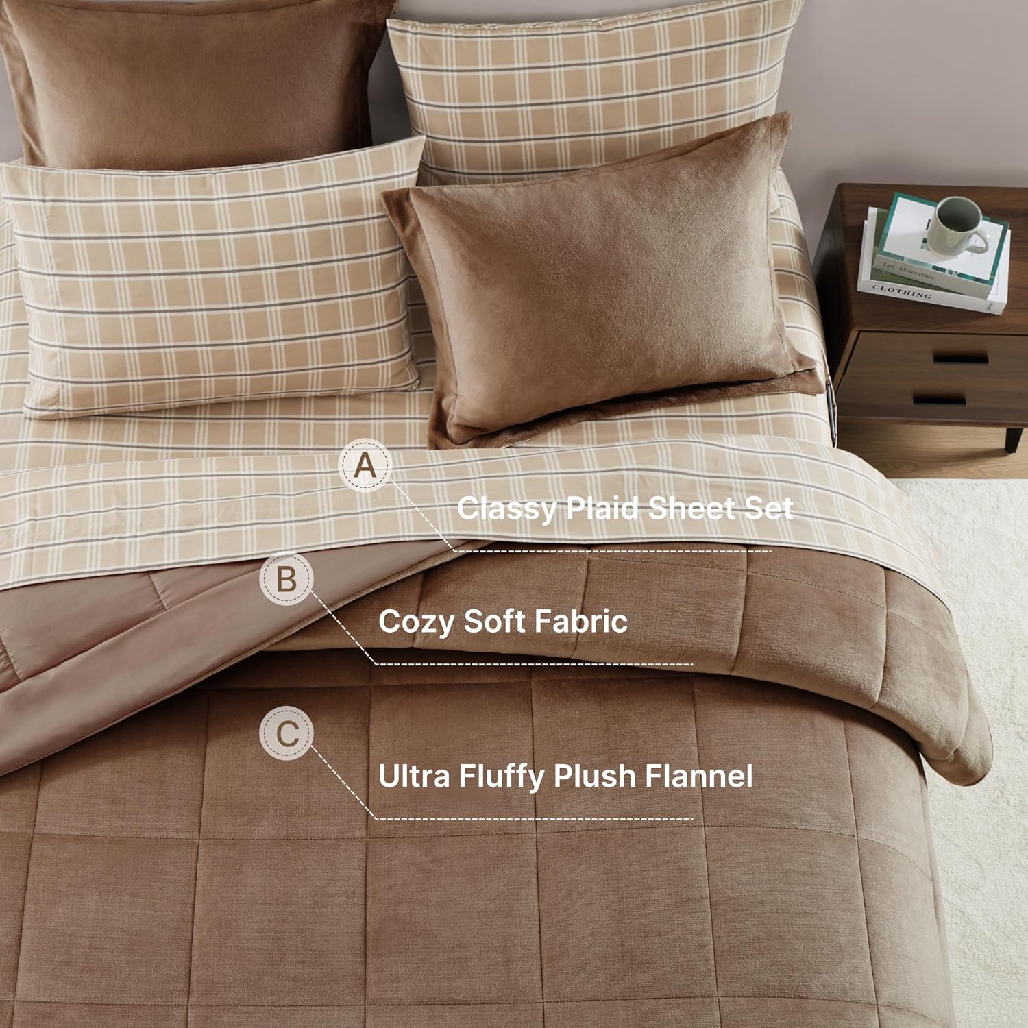 Plush Queen Comforter Set Brown, Flannel Velvet Comforter Sets 7 Pieces Bed in a Bag, Soft Warm Winter Bedding Set with Sheets, Pillowcases & Shams - Image 3