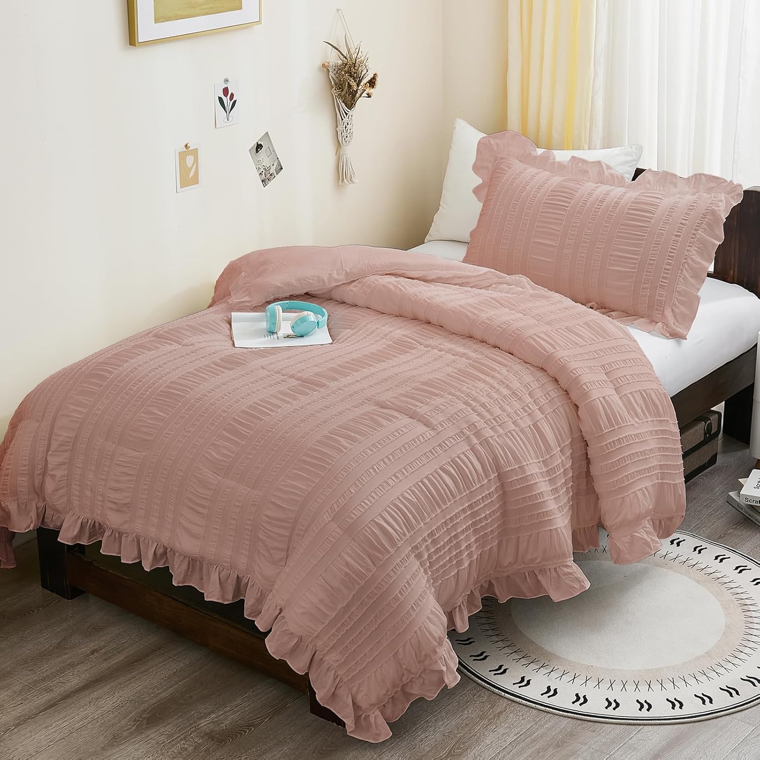 WONGS BEDDING Beige Ruffle Queen Comforter,Boho Shabby Chic Bedding for Queen Bed,Soft Seersucker Farmhouse Bedding Set with 1 Ruffled Comforter,2 Tufted Pillowcases 90"×90" - Image 10