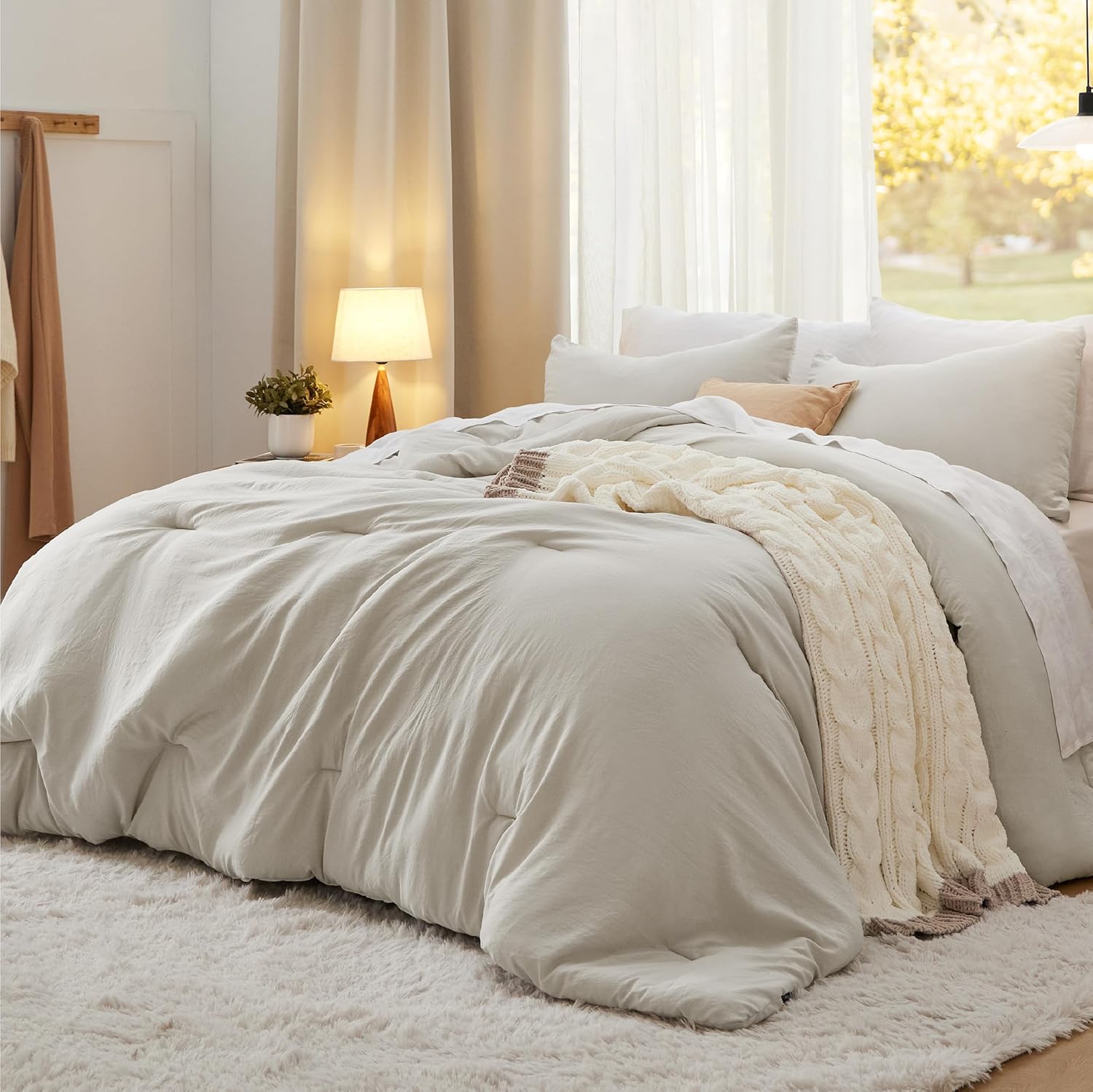 Bedsure King Size Comforter Set, Beige Soft Prewashed Bedding for All Seasons, 3 Pieces GentleSoft™ Warm Down Alternative Bed Set, 1 Lightweight Comforter (104"x90") and 2 Pillowcases (20"x36")