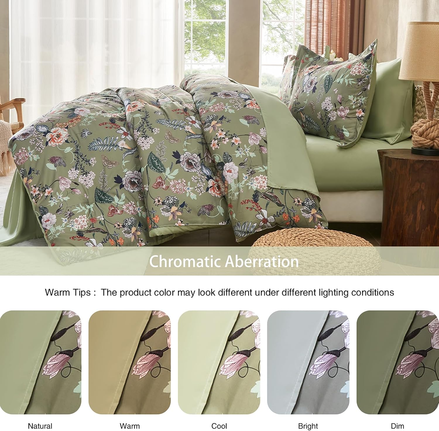 7 Piece Queen Comforter Set, Sage Green Butterfly Floral Comforter Set with Flowers Leaves Pattern, Soft Microfiber Complete Bedding Set for All Season(Sage Green, Queen) - Image 5