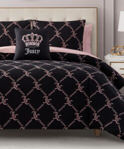 Juicy Couture Black Link Logo Printed Comforter Set, Queen – Complete 8-Piece Bed in a Bag Collection