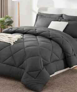 CozyLux Queen Comforter Set Dark Grey - Bed in a Bag Queen Size 7 Pieces, Luxury Soft Bed Set for All Seasons, Bedding Set with Down Alternative Comforter, Sheets, Pillowcases & Shams