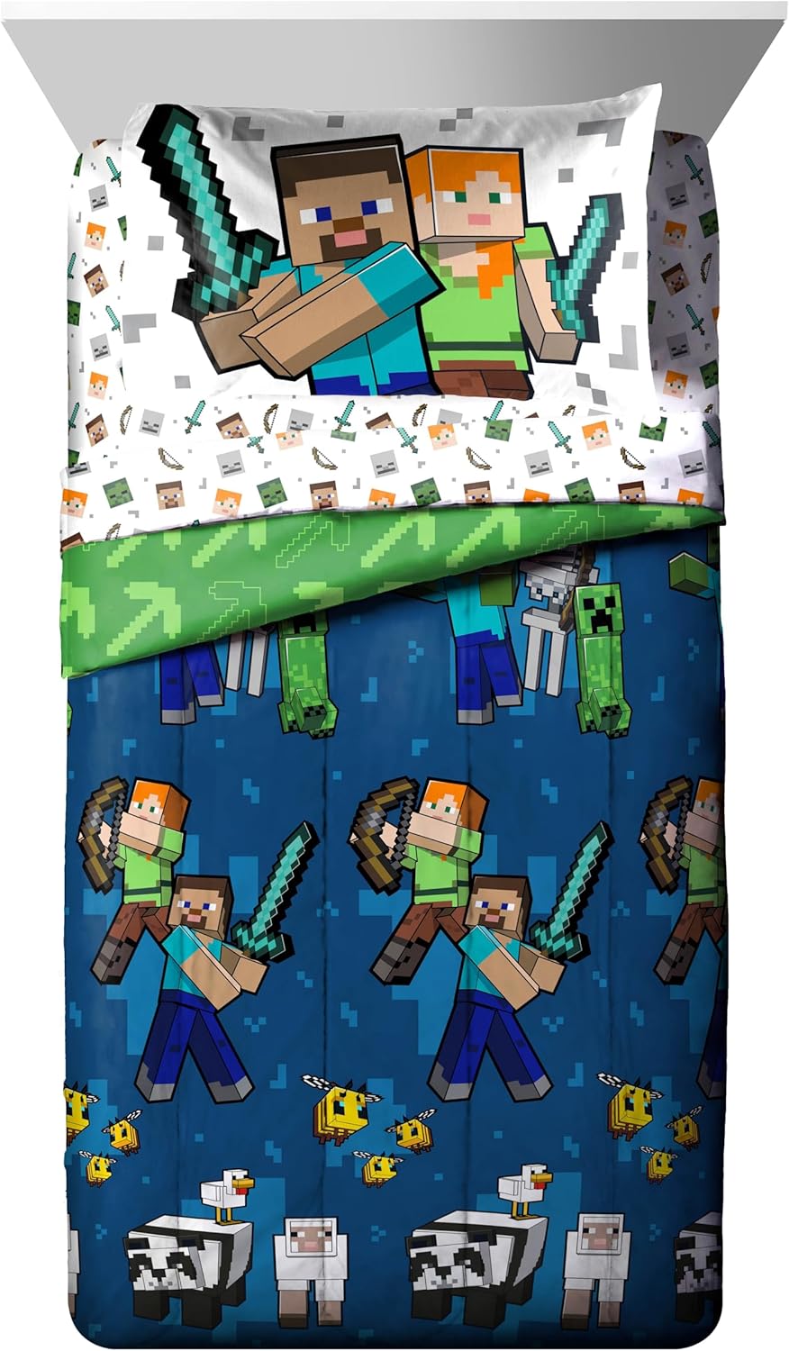 Jay Franco Minecraft Twin Comforter Set - 5 Piece Bedding Includes Sheet Set & Pillow Covers - Super Soft Kids Bedding Features Creeper & Zombie - Image 2