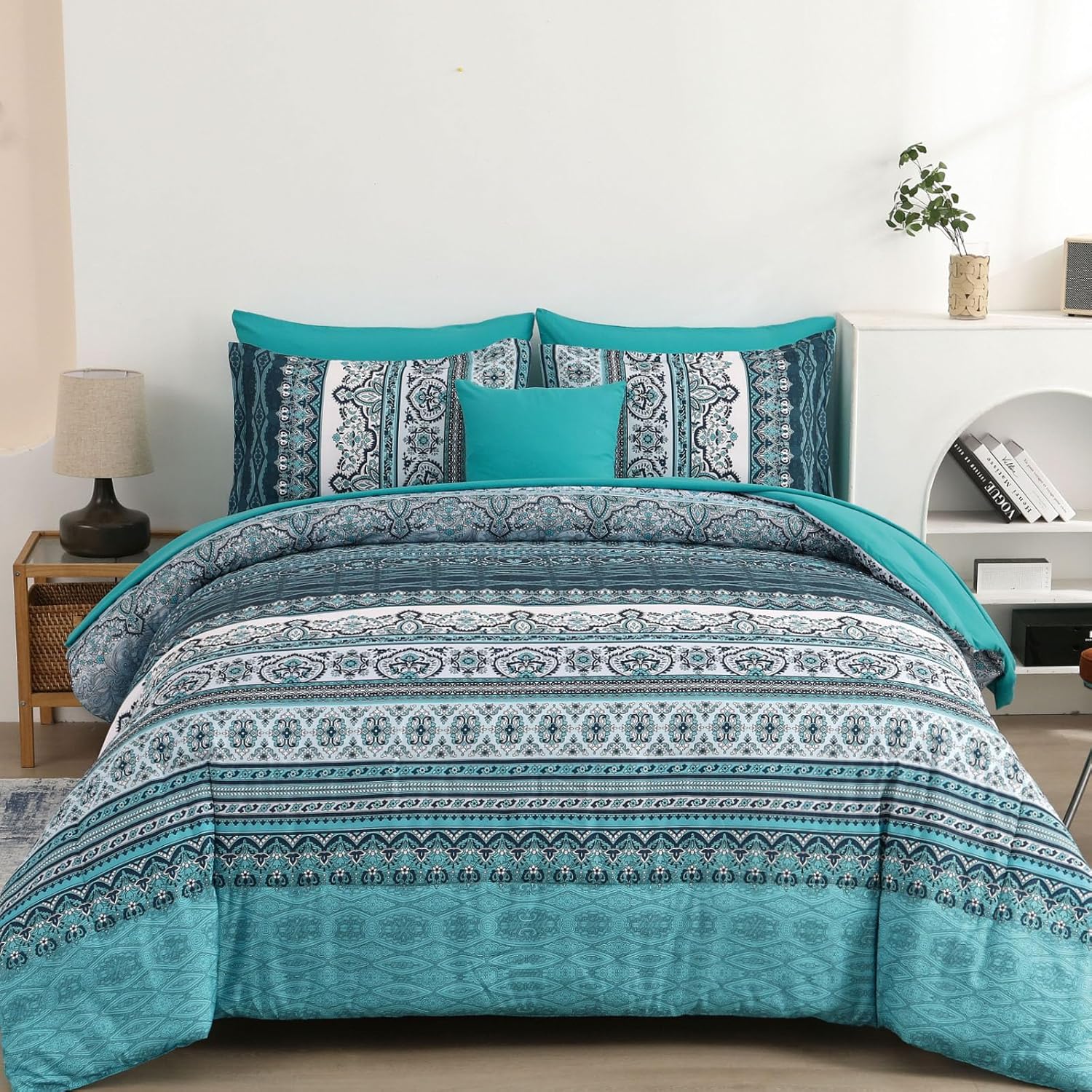Cottolester Boho Comforter Set Full Size 8 Piece Bed in a Bag Bohemian Striped Bedding Quilt Set Aqua Paisley Floral Comforter and Sheet Set,Soft Microfiber Complete Bedding Sets for All Season - Image 16