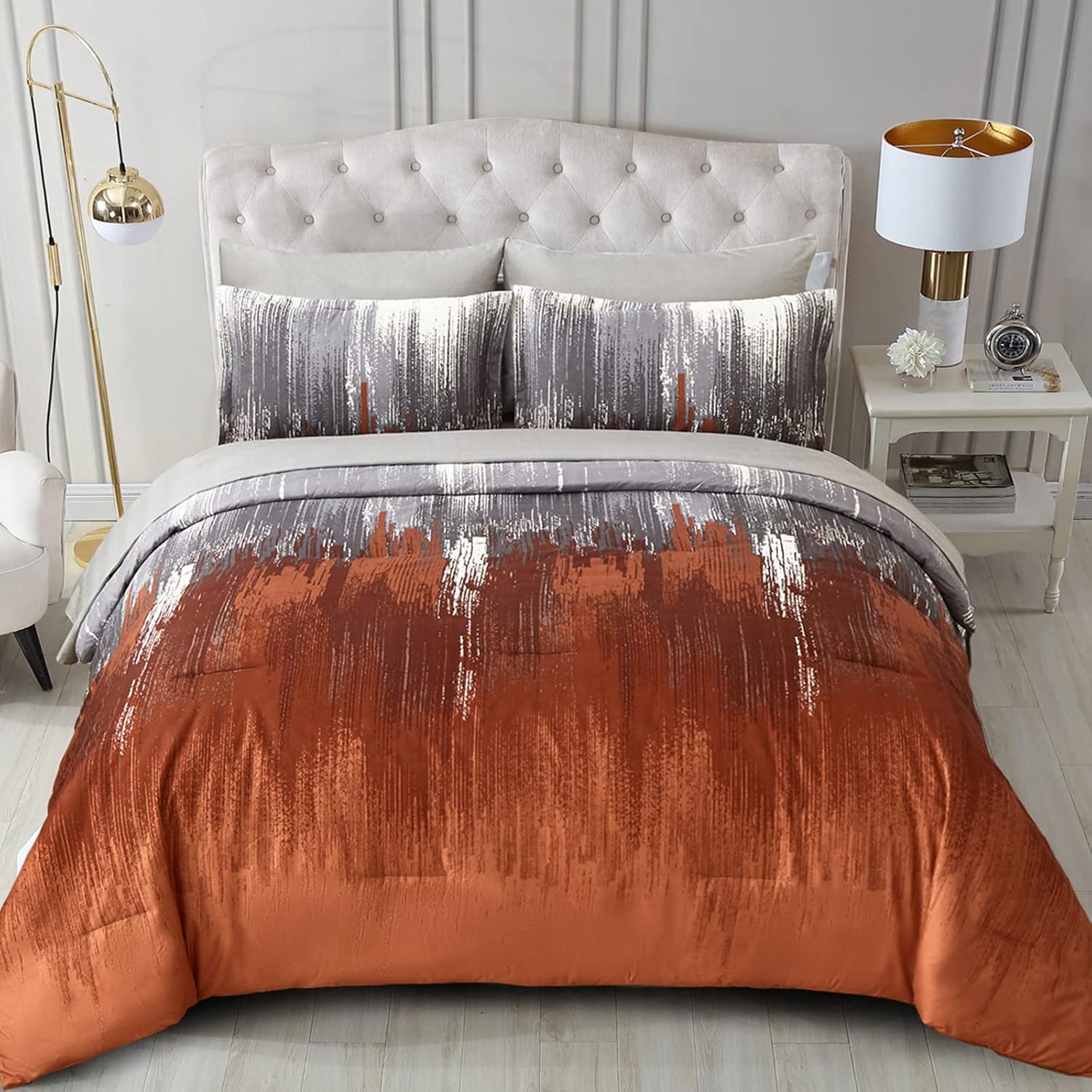 WONGS BEDDING Comforter Set King, Thanksgiving Burnt Orange 7 Pieces Bed in a Bag Abstract Gradient Soft Microfiber Fall Terracotta Bedding Set with Flat Sheet, Fitted Sheet, Pillow Shams, Pillowcases