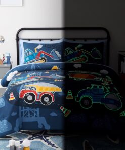 Full Kids Comforter Set - 7 Pieces Full Bedding Sets for Boys Teen, Glow in The Dark Truck Tractor Excavator Bed in A Bag with Sheets