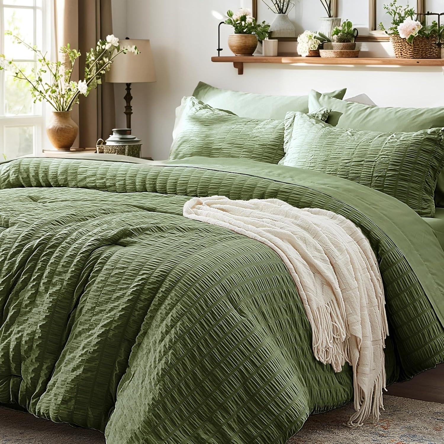 Zzlpp Queen Comforter Set 7 Pieces, Olive Green Seersucker Bed in a Bag with Comforter and Sheets, All Season Bedding Sets with 1 Comforter, 2 Pillow Shams, 2 Pillowcases, 1 Flat Sheet - Image 8