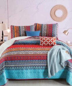 WONGS BEDDING Bohemian Quilt Set King Size, Boho Striped Printed Bedding Bedspread Coverlet Set for All Season, Lightweight Microfiber Quilts with 2 Pillowcases 104"x90" (3 Pieces, Colorful)
