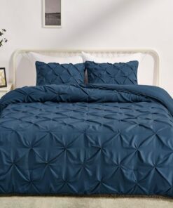 Amazon Basics Soft, Warm Down Alternative Queen Size Comforter Set, All-Season 3-Piece Bedding with Breathable Microfiber, Pinch Pleat Design, Full/Queen, Navy Blue