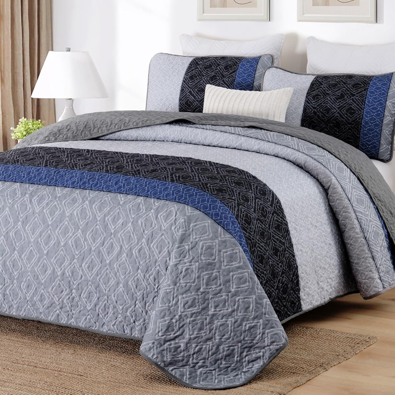 Cottolester Boho Quilt Set King Size 3 Pieces,Grey Striped Plaid Bedspread,Soft Microfiber Bedding Set with 2 Pillow Shams 110"x90" - Image 7