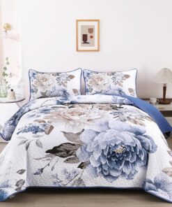 WONGS BEDDING Floral Quilt Set Blue Queen Size 3 Pieces Elegant Botanical Print Bedding Set for All Season, Lightweight Reversible Bedspreads Coverlet Set with 2 Pillow Shams