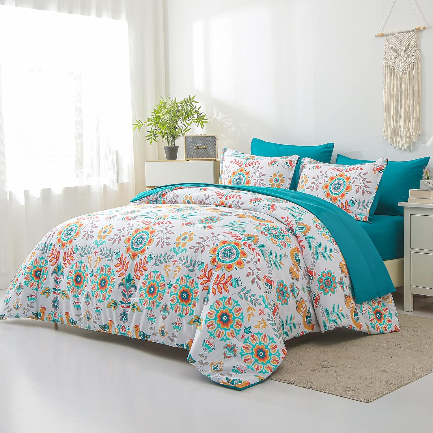 Boho Comforter Set Queen - 7 Pieces Bed in a Bag Floral Medallions Design, Bohemian Comforter Set with Sheets, Soft Microfiber Complete Bedding Sets All Season (Teal Blue, Queen) - Image 3