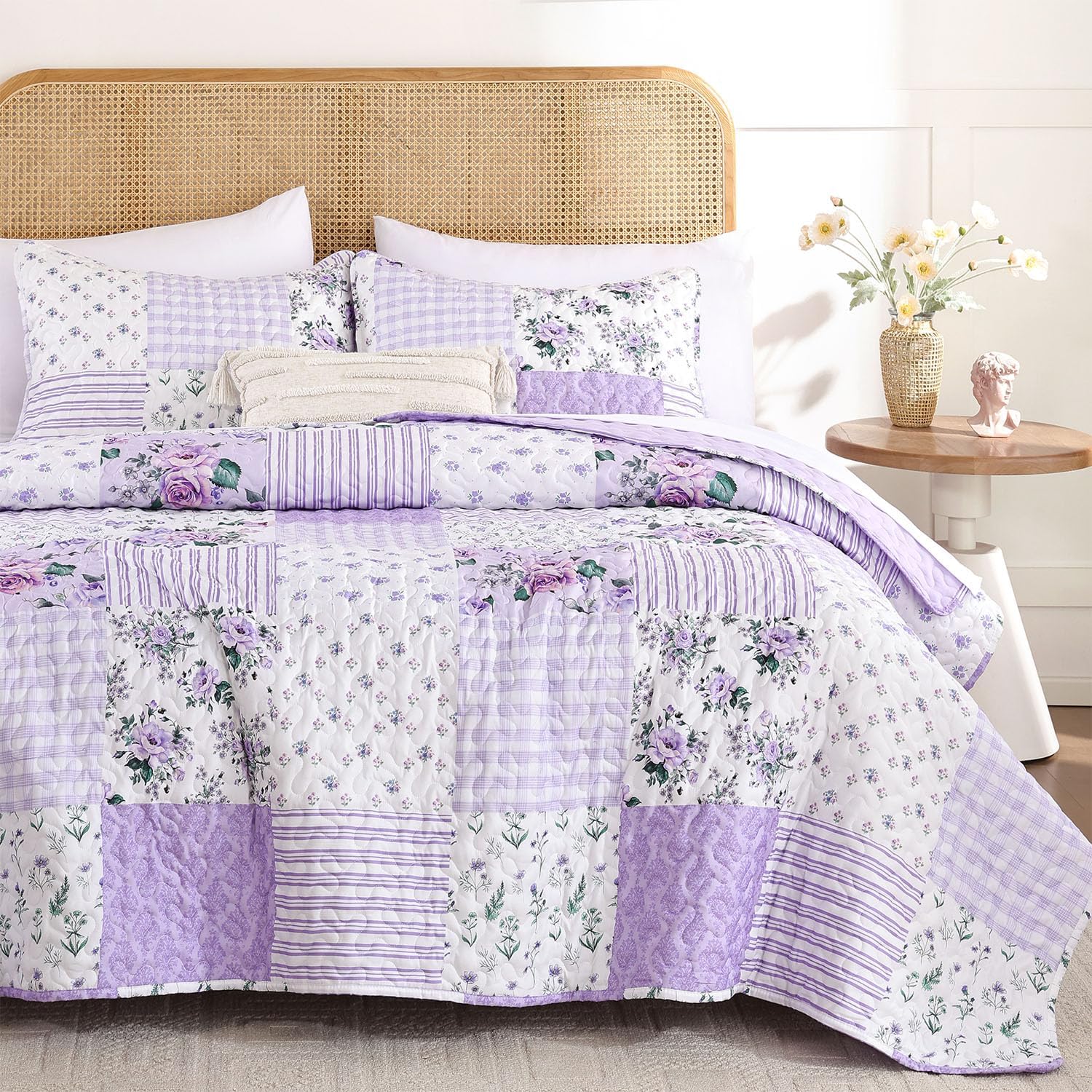 YIKUSH Quilt Sets Queen Size Floral Quilt Set 3 Pieces Bedding Set Bedspreads Pink Comforter Blanket with 2 Pillow Cases- Ultra Soft Floral Coverlet with Printed Pattern 90in.x 90in - Image 9