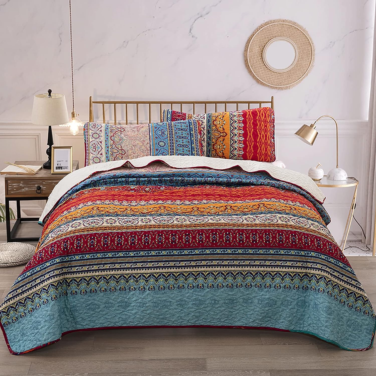 WONGS BEDDING Bohemian Quilt Set King Size, Boho Striped Printed Bedding Bedspread Coverlet Set for All Season, Lightweight Microfiber Quilts with 2 Pillowcases 104"x90" (3 Pieces, Colorful) - Image 10